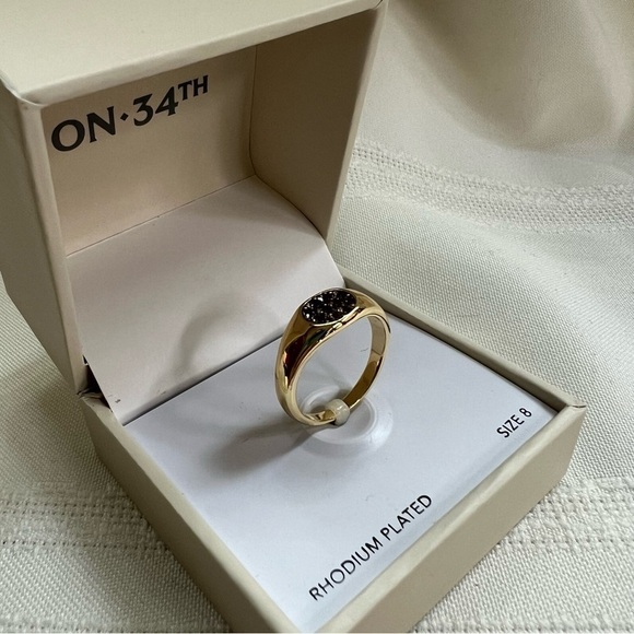 💥SALE Signet Ring Crystal Pave Gold Tone Rhodium Plated Black Enamel Sz‎ 8 NWT - Picture 6 of 11